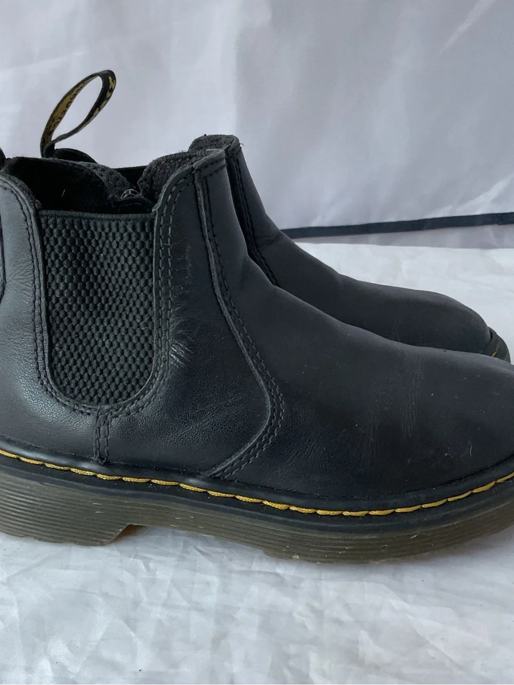 Dr. Martens Black Leather Kids Chelsea Boots with Yellow Stitching
